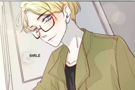 Smiling blond anime boy in jacket.