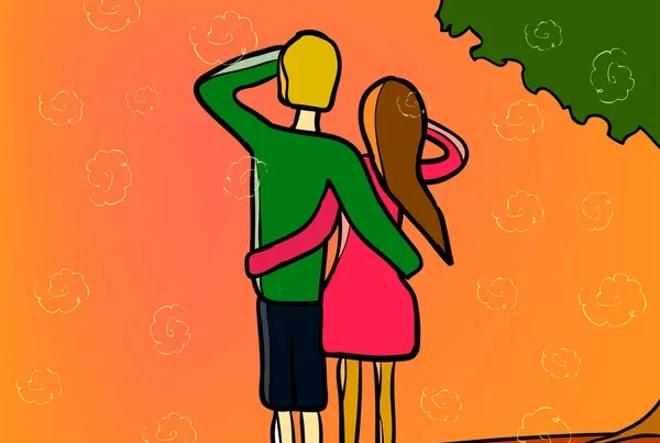 Couple embracing, watching sunset.