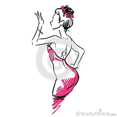 Woman in pink dress, sketched style.