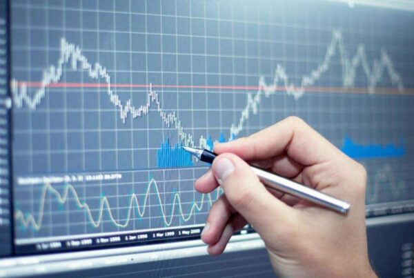 Stock market data analysis on screen.