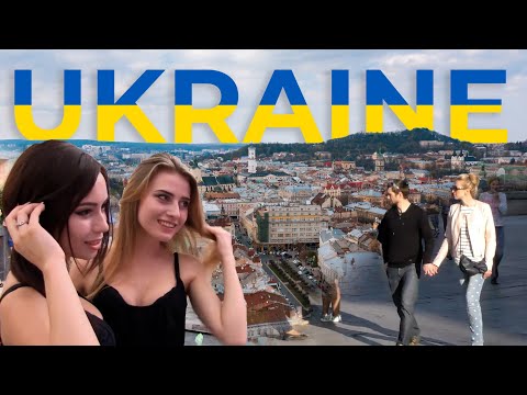 Ukraine city view with two women and men.